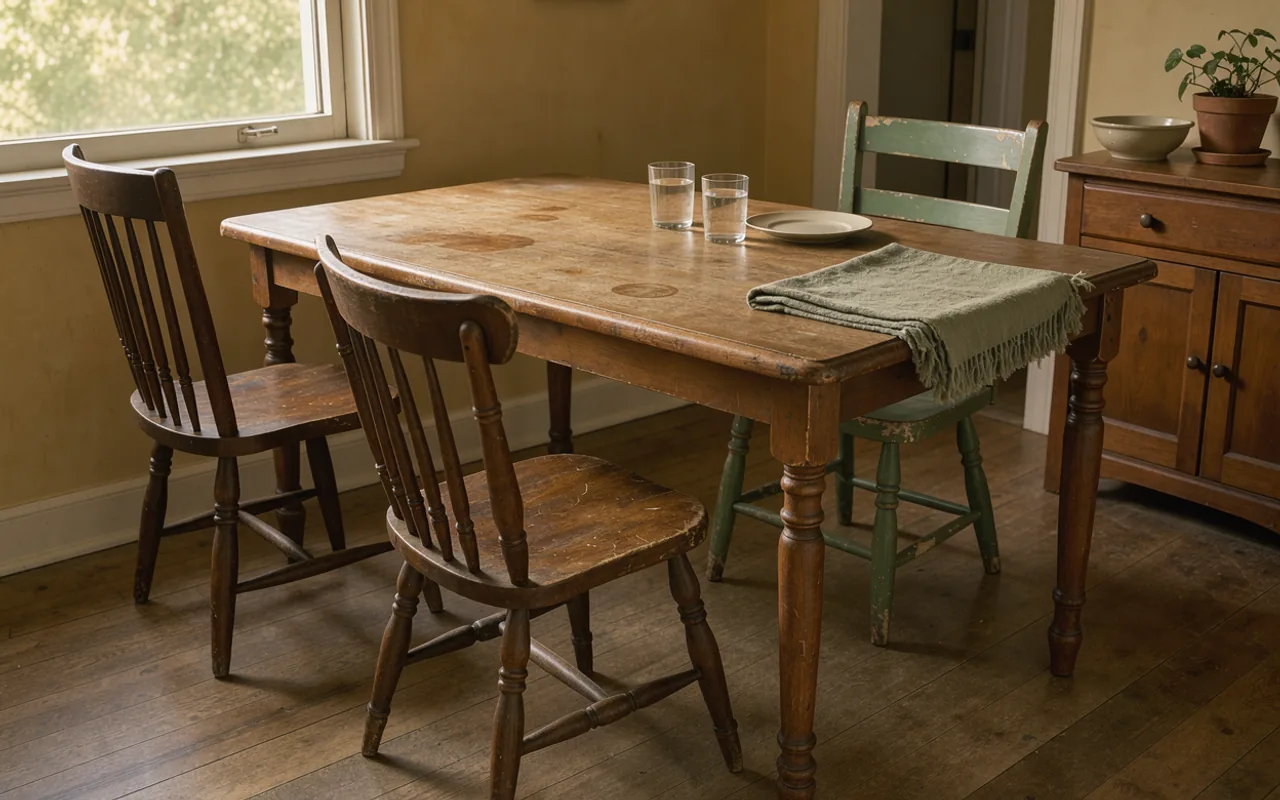A single chair pulled back from a partly cleared dining table, with other chairs around it.